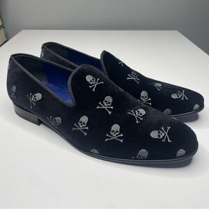 Maceoo Elegant Black Skull Embroidered Loafers Leather
